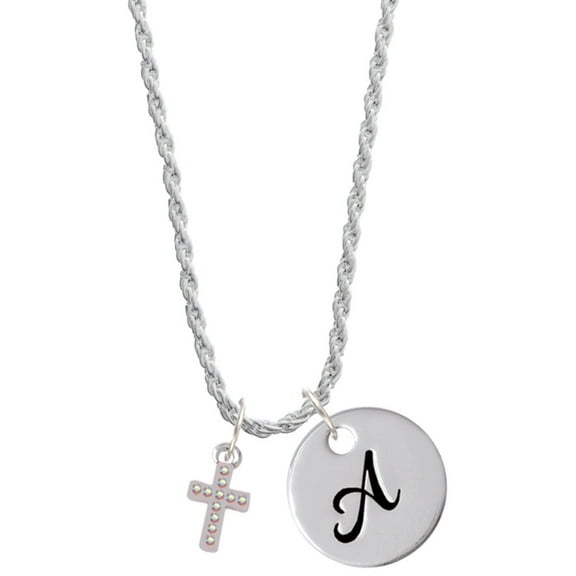 Delight Jewelry Silvertone Small AB Crystal Cross Silvertone Script Initial Disc - A - Charm Necklace, 20"+3"