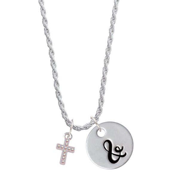 Delight Jewelry Silvertone Small AB Crystal Cross Silvertone Script Initial Disc - & - Charm Necklace, 20"+3"