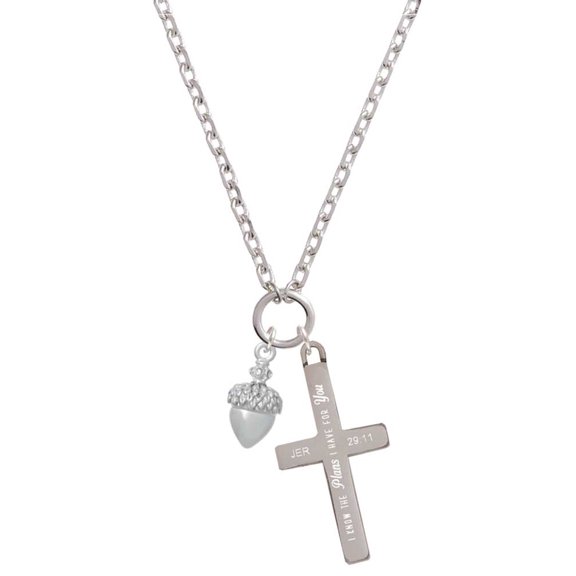 Delight Jewelry Silvertone Small Acorn with Crystals I Have Plans for You Engraved Cross Zoey Necklace, 28"