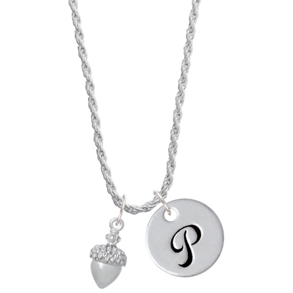 Delight Jewelry Silvertone Small Acorn with Crystals Silvertone Script Initial Disc - P - Charm Necklace, 20"+3"