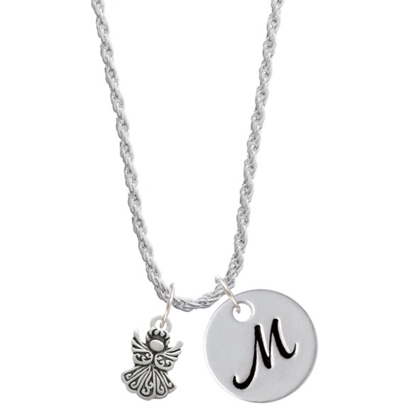 Delight Jewelry Silvertone Small Angel Silvertone Script Initial Disc - M - Charm Necklace, 20"+3"