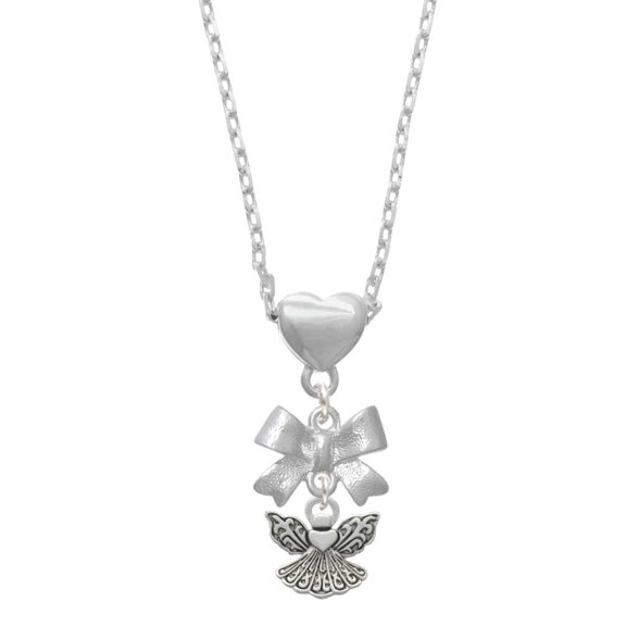 Delight Jewelry Silvertone Small Angel with Heart Silver tone Bow Heart Necklace