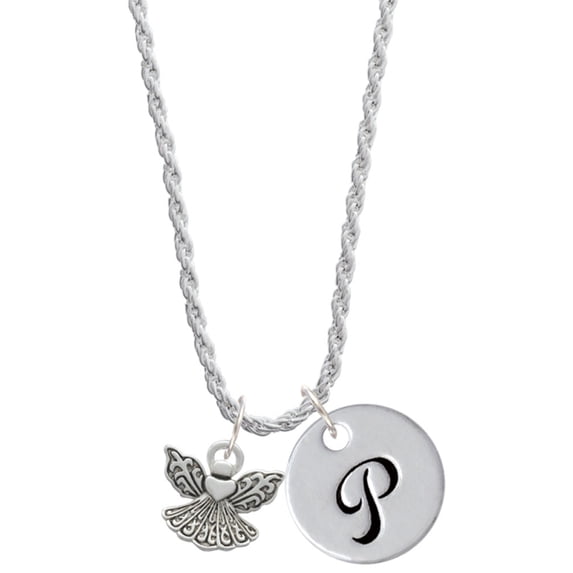 Delight Jewelry Silvertone Small Angel with Heart Silvertone Script Initial Disc - P - Charm Necklace, 20"+3"