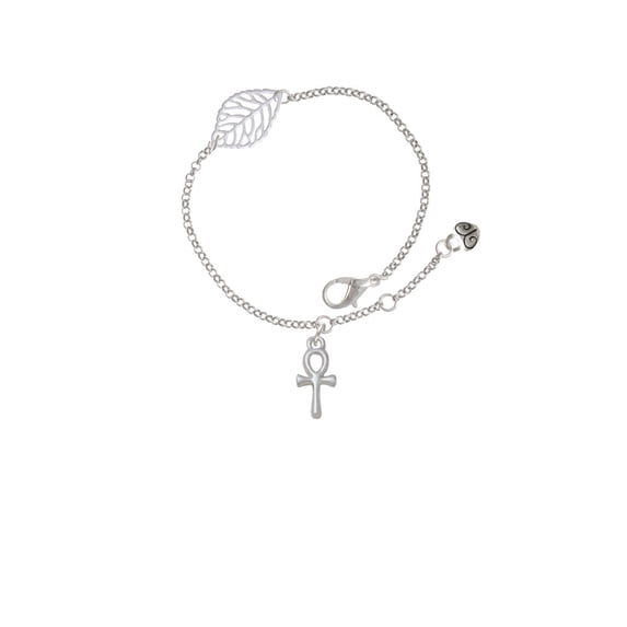 Delight Jewelry Silvertone Small Ankh - Silvertone Leaf Delicate Bracelet, 6.25+1.75"