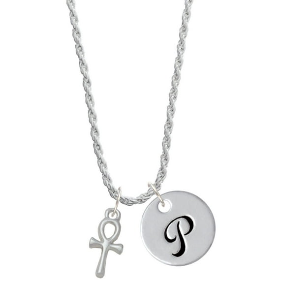 Delight Jewelry Silvertone Small Ankh Silvertone Script Initial Disc - P - Charm Necklace, 20"+3"