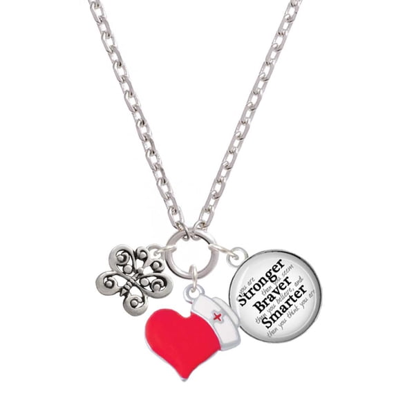 Delight Jewelry Silvertone Small Antiqued Butterfly - Red Heart Nurse Strong Zoe Necklace