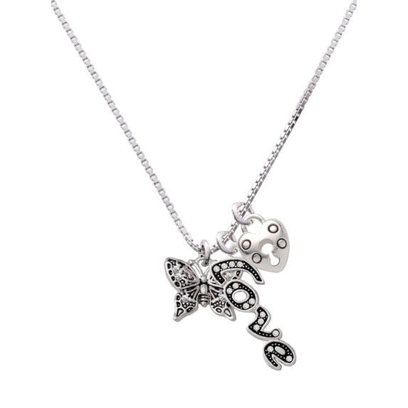 Delight Jewelry Silvertone Small Antiqued Crystal Butterfly - Love and Lock Charm Necklace, 18"+1"