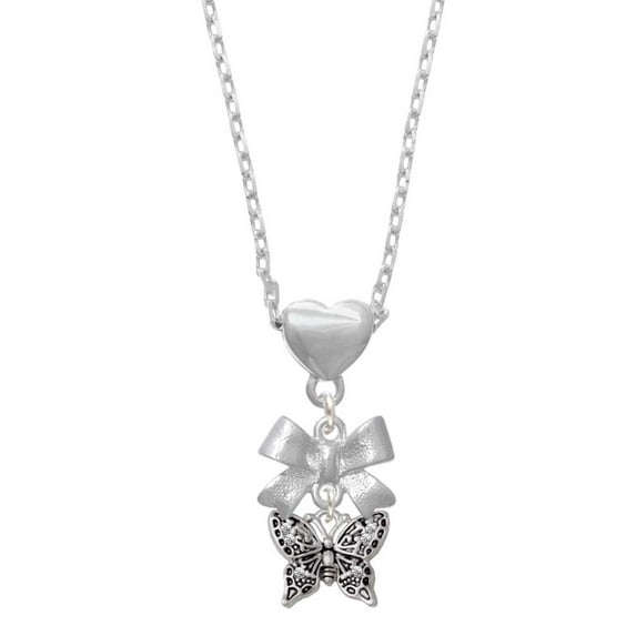 Delight Jewelry Silvertone Small Antiqued Crystal Butterfly Silver tone Bow Heart Necklace