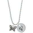 thumbnail image 1 of Delight Jewelry Silvertone Small Antiqued Crystal Butterfly Silvertone Script Initial Disc - V - Charm Necklace, 20"+3", 1 of 4