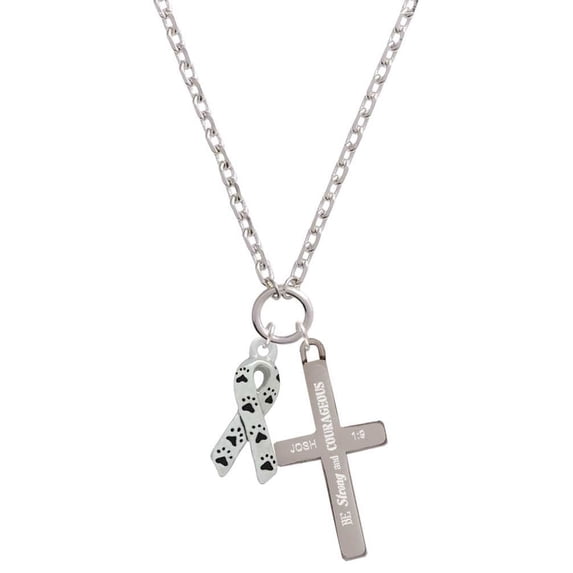 Delight Jewelry Silvertone Small Antiqued Ribbon with Paws Be Strong and Courageous Engraved Cross Zoey Necklace, 28"