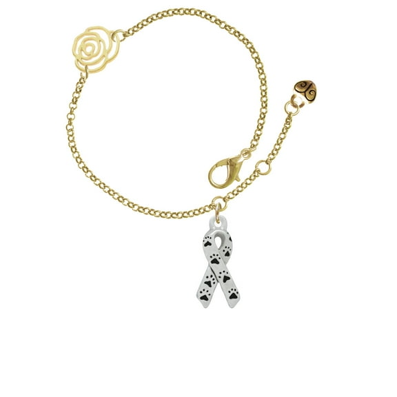 Delight Jewelry Silvertone Small Antiqued Ribbon with Paws Gold-tone Rose Link Chain Bracelet, 6.25"+1.75" Extender
