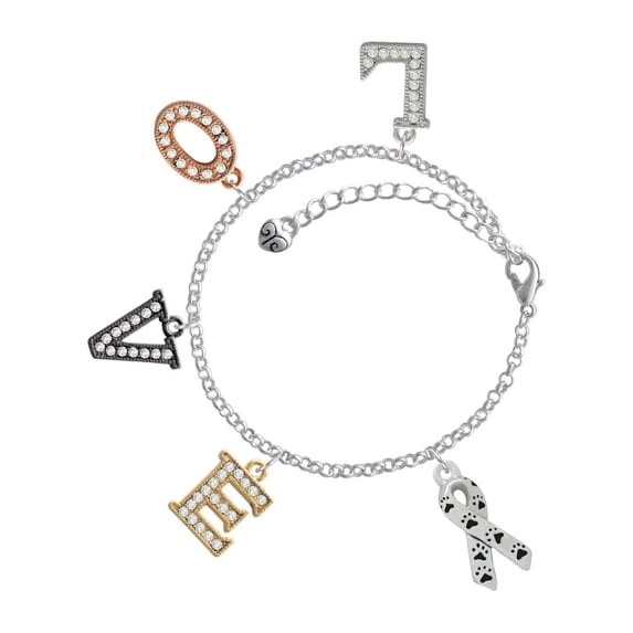 Delight Jewelry Silvertone Small Antiqued Ribbon with Paws Multi-Colored Crystal Love Charm Bracelet