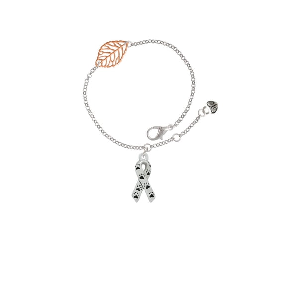 Delight Jewelry Silvertone Small Antiqued Ribbon with Paws - Rose Goldtone Leaf Delicate Bracelet, 6.25+1.75"