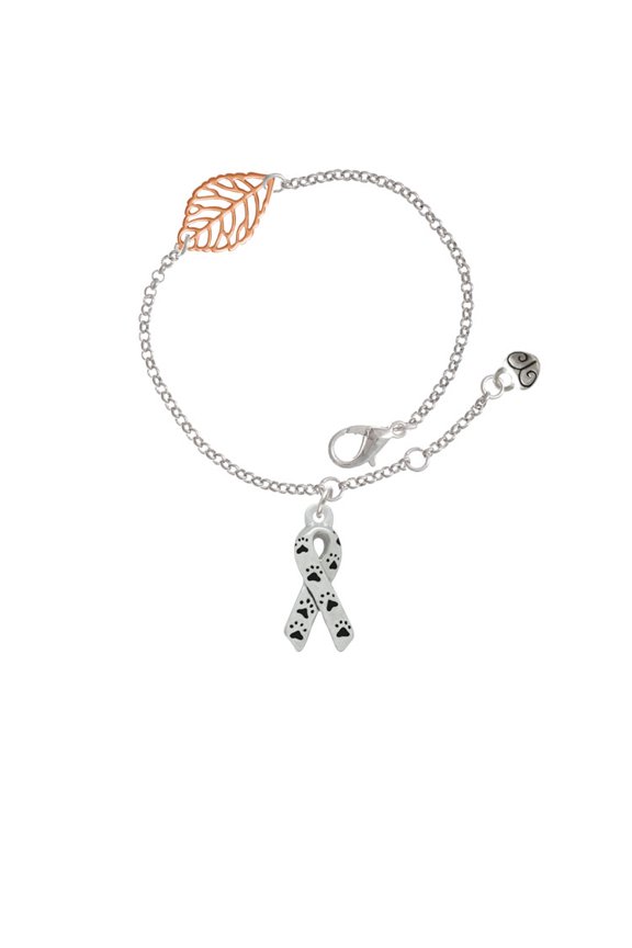 Silvertone Small Antiqued Ribbon with Paws - Rose Goldtone Leaf Delicate Bracelet, 6.25+1.75"
