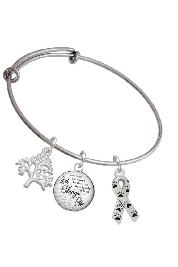 Silvertone Small Antiqued Ribbon with Paws Silvertone Let Things Go Tree Charm Bangle Bracelet