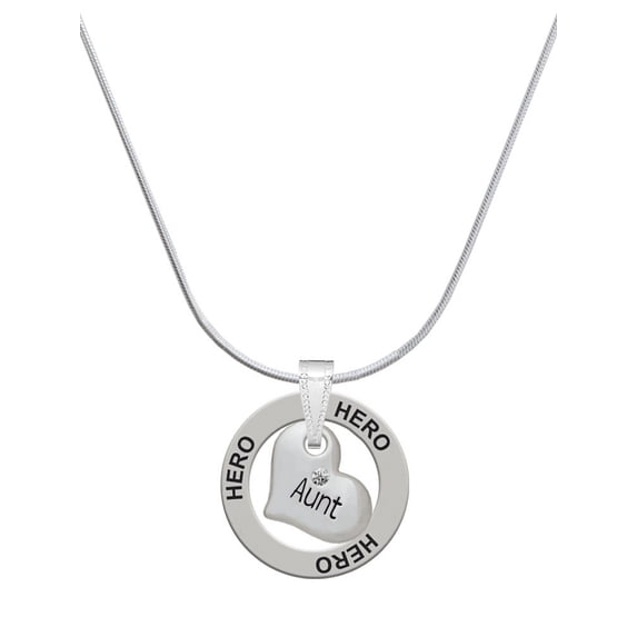 Delight Jewelry Silvertone Small ''Aunt'' Heart with Clear Crystal Hero Ring Charm Necklace, 18"