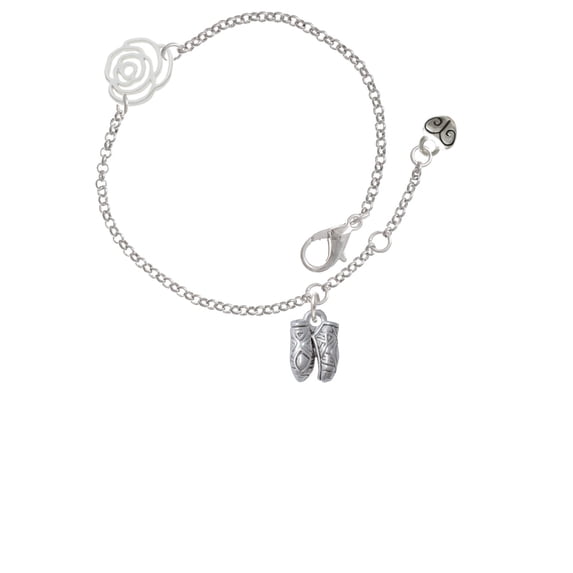 Delight Jewelry Silvertone Small Ballet Slippers Silver-tone Rose Link Chain Bracelet, 6.25"+1.75" Extender