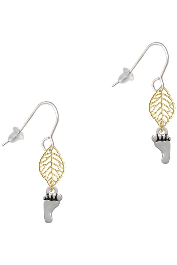 Silvertone Small Bare Feet Goldtone Leaf French Earrings