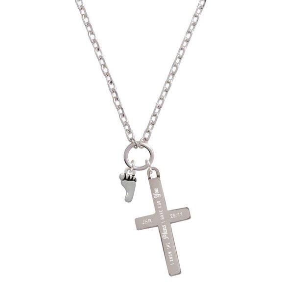 Delight Jewelry Silvertone Small Bare Feet I Have Plans for You Engraved Cross Zoey Necklace, 28"