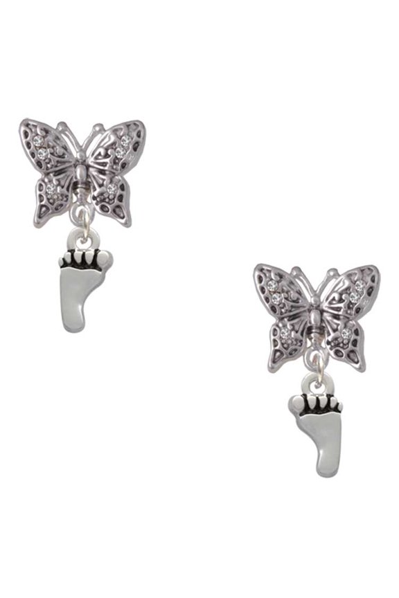 Silvertone Small Bare Feet Silvertone Antiqued Butterfly Post Earrings