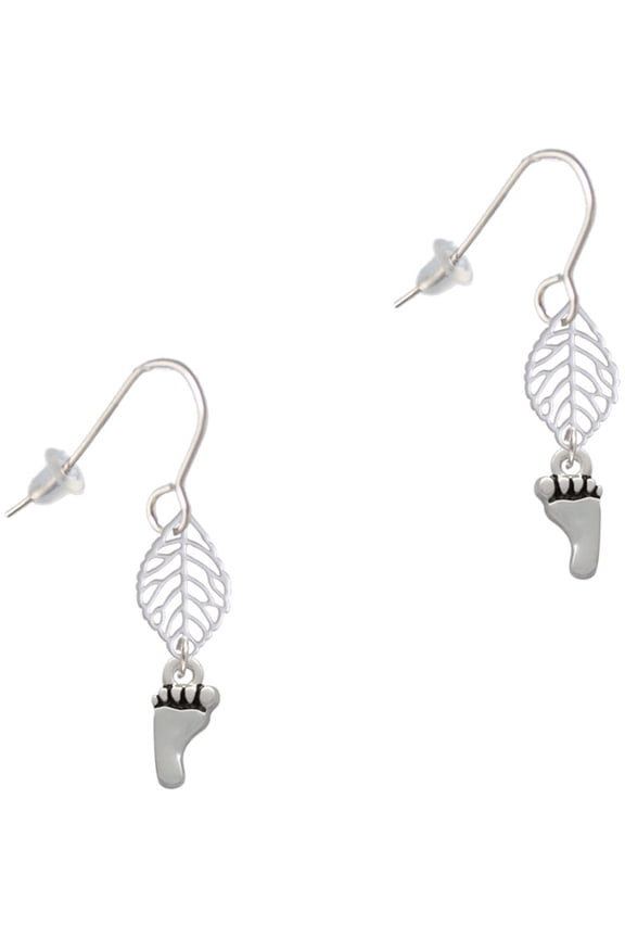 Silvertone Small Bare Feet Silvertone Leaf French Earrings