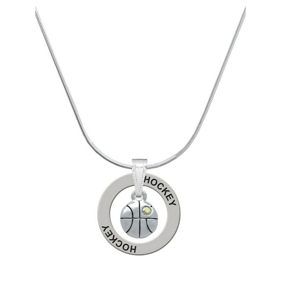 Delight Jewelry Silvertone Small Basketball with a AB Crystal Hockey Ring Charm Necklace, 18"