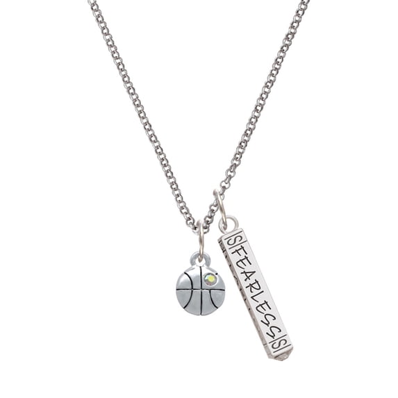 Delight Jewelry Silvertone Small Basketball with a AB Crystal Silvertone Fearless Bar Charm Necklace, 23"