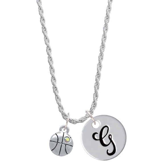 Delight Jewelry Silvertone Small Basketball with a AB Crystal Silvertone Script Initial Disc - G - Charm Necklace, 20"+3"