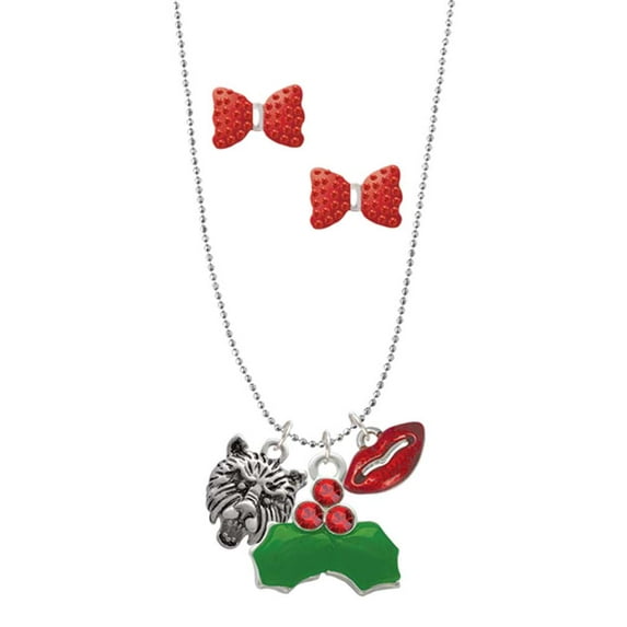 Delight Jewelry Silvertone Small Bear - Mascot Christmas Kiss Charm Necklace and Stud Earrings
