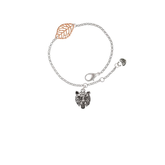 Delight Jewelry Silvertone Small Bear - Mascot - Rose Goldtone Leaf Delicate Bracelet, 6.25+1.75"