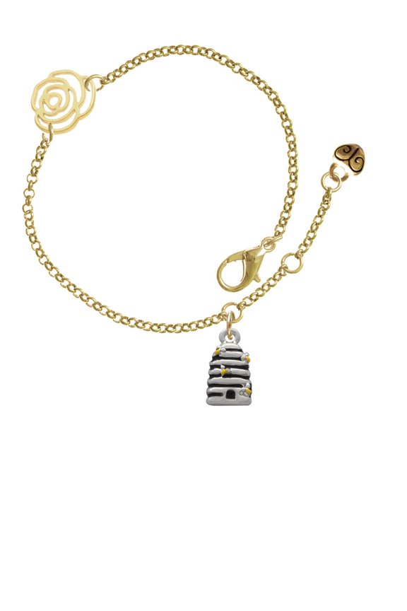 Silvertone Small Beehive with 4 Bees Gold-tone Rose Link Chain Bracelet, 6.25"+1.75" Extender