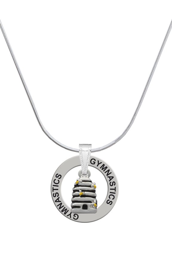 Silvertone Small Beehive with 4 Bees Gymnastics Ring Charm Necklace, 18"