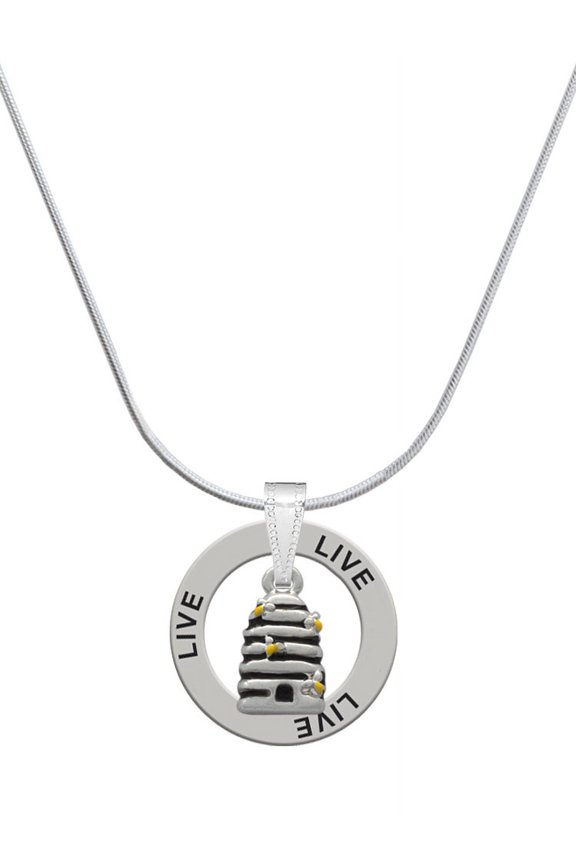 Silvertone Small Beehive with 4 Bees Live Ring Charm Necklace, 18"