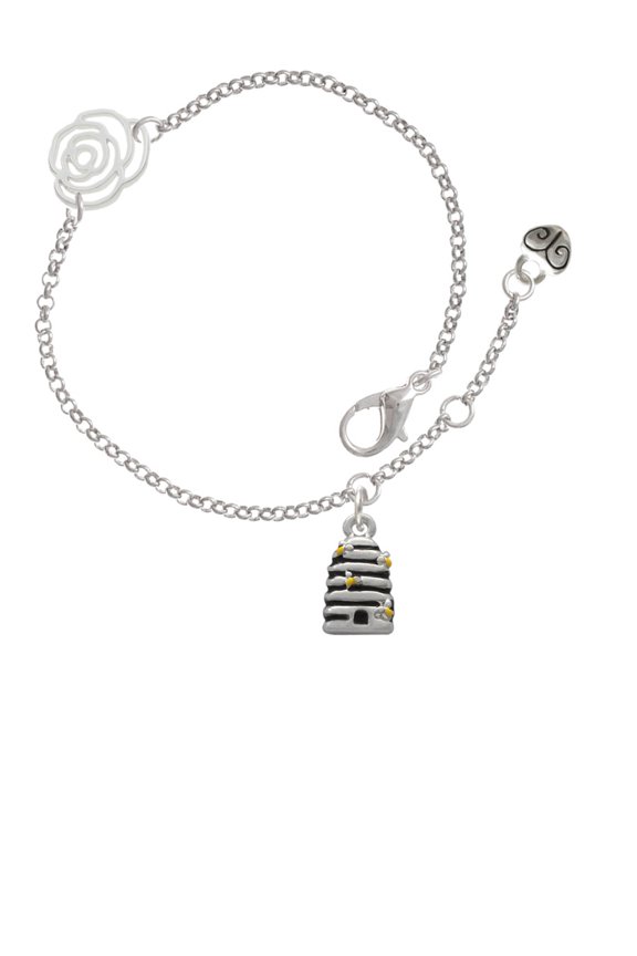Silvertone Small Beehive with 4 Bees Silver-tone Rose Link Chain Bracelet, 6.25"+1.75" Extender