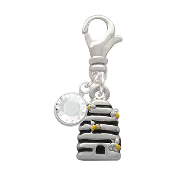 Delight Jewelry Silvertone Small Beehive with 4 Bees - Silvertone Clip on Charm with Clear Crystal Drop