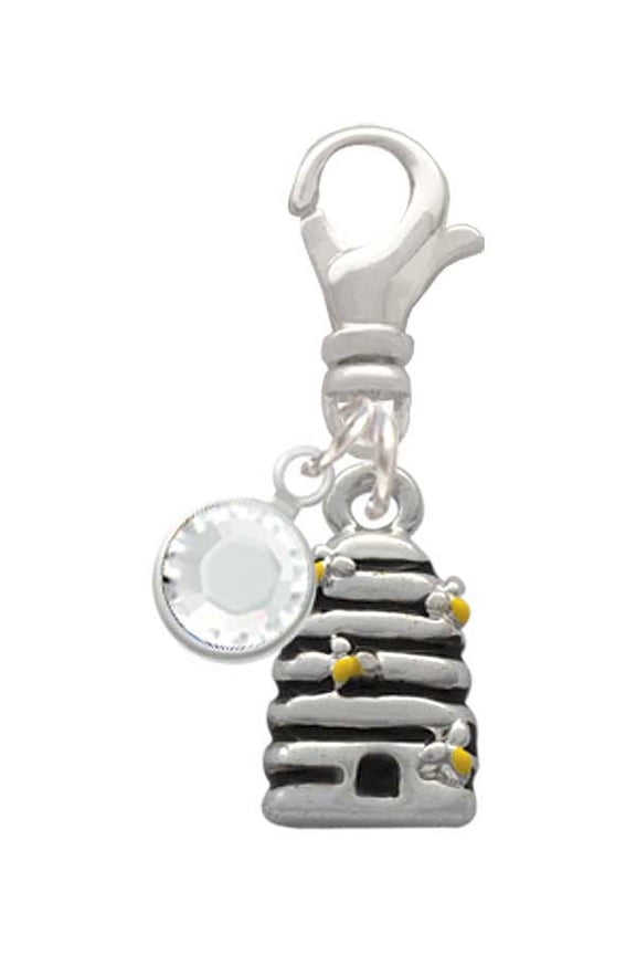 Silvertone Small Beehive with 4 Bees - Silvertone Clip on Charm with Clear Crystal Drop