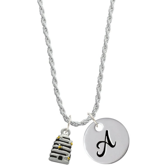 Delight Jewelry Silvertone Small Beehive with 4 Bees Silvertone Script Initial Disc - A - Charm Necklace, 20"+3"