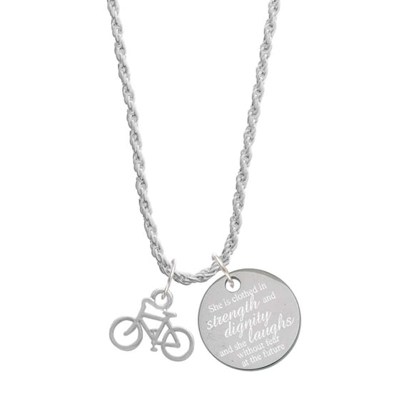 Delight Jewelry Silvertone Small Bicycle She is Clothed in Stength and Dignity Charm Necklace, 20"+3"