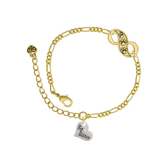 Delight Jewelry Silvertone Small ''Big Sister'' Heart with Clear Crystal Gold-tone Paw Infinity Link Chain Bracelet, 6"+2" Extender