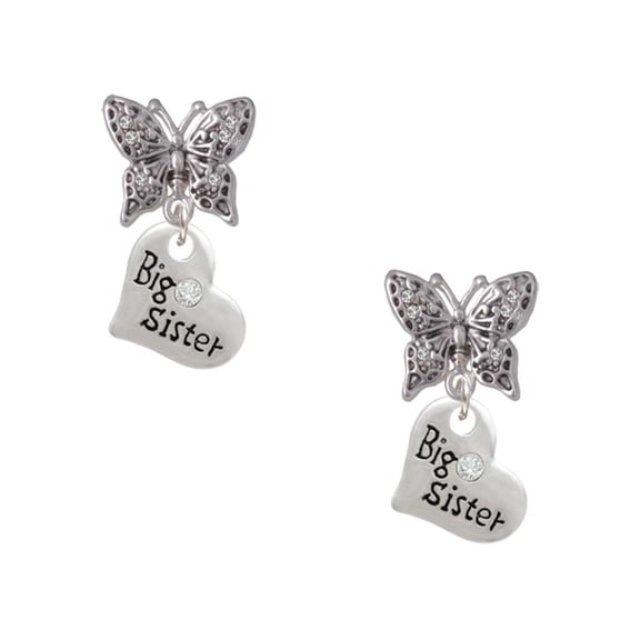 Delight Jewelry Silvertone Small ''Big Sister'' Heart with Clear Crystal Silvertone Antiqued Butterfly Post Earrings