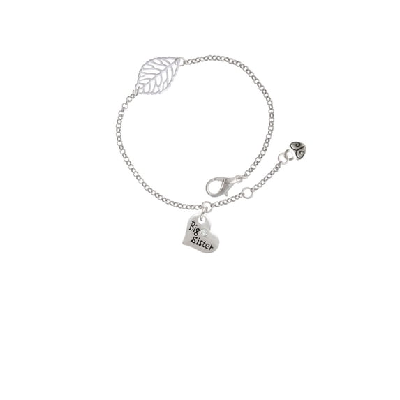Delight Jewelry Silvertone Small ''Big Sister'' Heart with Clear Crystal - Silvertone Leaf Delicate Bracelet, 6.25+1.75"