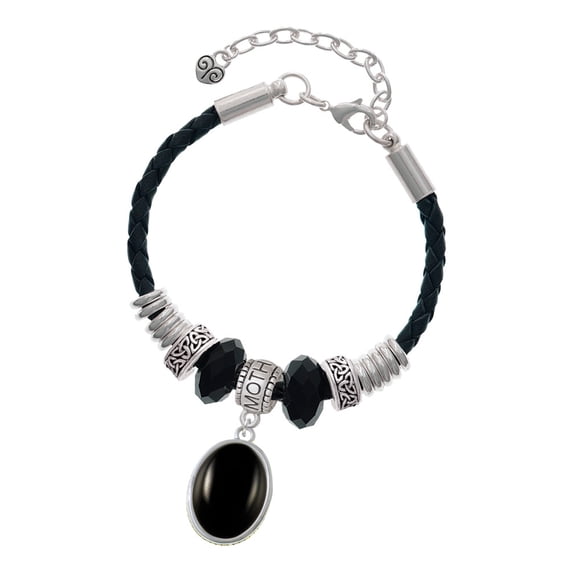 Delight Jewelry Silvertone Small Black Acrylic Oval Mother Celtic Knot Leather Bead Bracelet, 7"+2" Extender