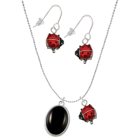 Delight Jewelry Silvertone Small Black Acrylic Oval Red Lucky Ladybug Necklace and Dangle Earrings Set