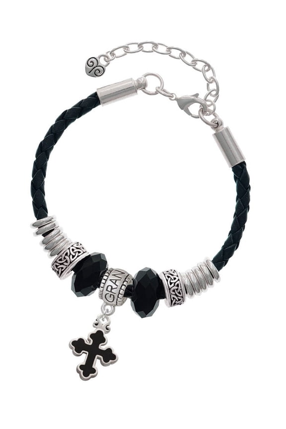 Silvertone Small Black Enamel Botonee Cross Grandmother Celtic Knot Leather Bead Bracelet, 7"+2" Extender