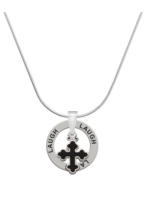 Silvertone Small Black Enamel Botonee Cross Laugh Ring Charm Necklace, 18"