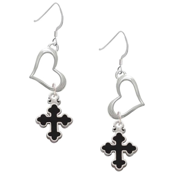 Delight Jewelry Silvertone Small Black Enamel Botonee Cross Open Heart French Earrings