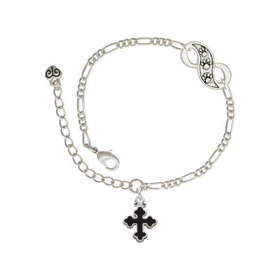 Delight Jewelry Silvertone Small Black Enamel Botonee Cross Silver-tone Paw Infinity Link Chain Bracelet, 6"+2" Extender