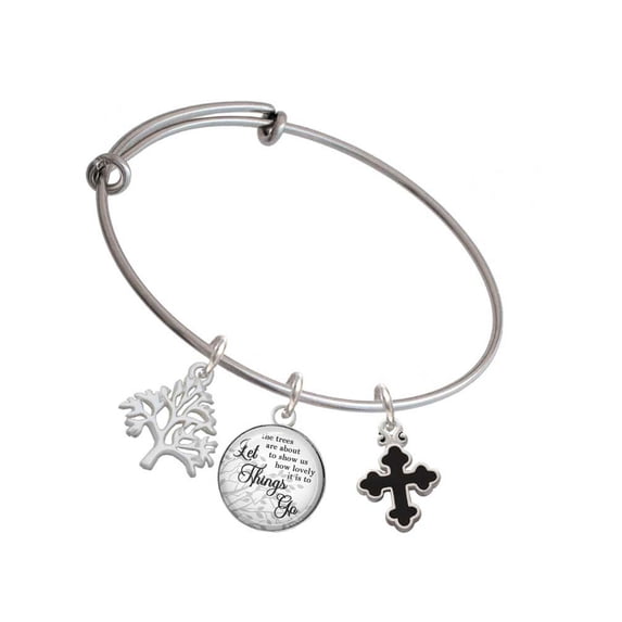Delight Jewelry Silvertone Small Black Enamel Botonee Cross Silvertone Let Things Go Tree Charm Bangle Bracelet