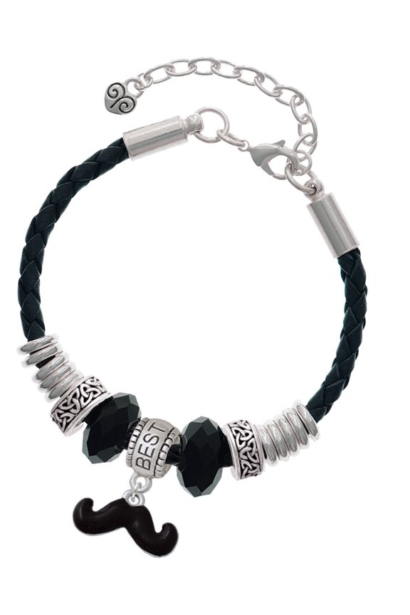 Silvertone Small Black Enamel Mustache Best Friend Celtic Knot Leather Bead Bracelet, 7"+2" Extender