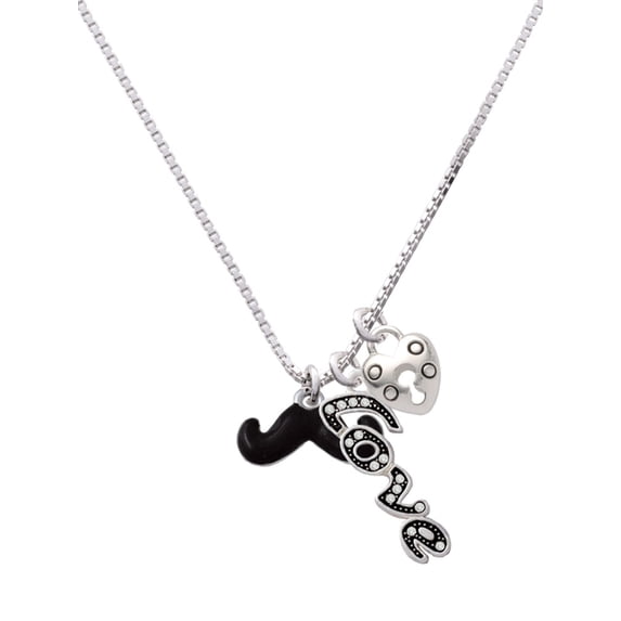 Delight Jewelry Silvertone Small Black Enamel Mustache - Love and Lock Charm Necklace, 18"+1"